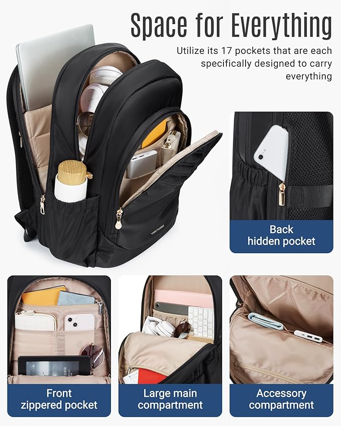 LIGHT FLIGHT 17.3" Laptop Backpack for Women, Large Black Travel Backpacks with USB Charging Hole