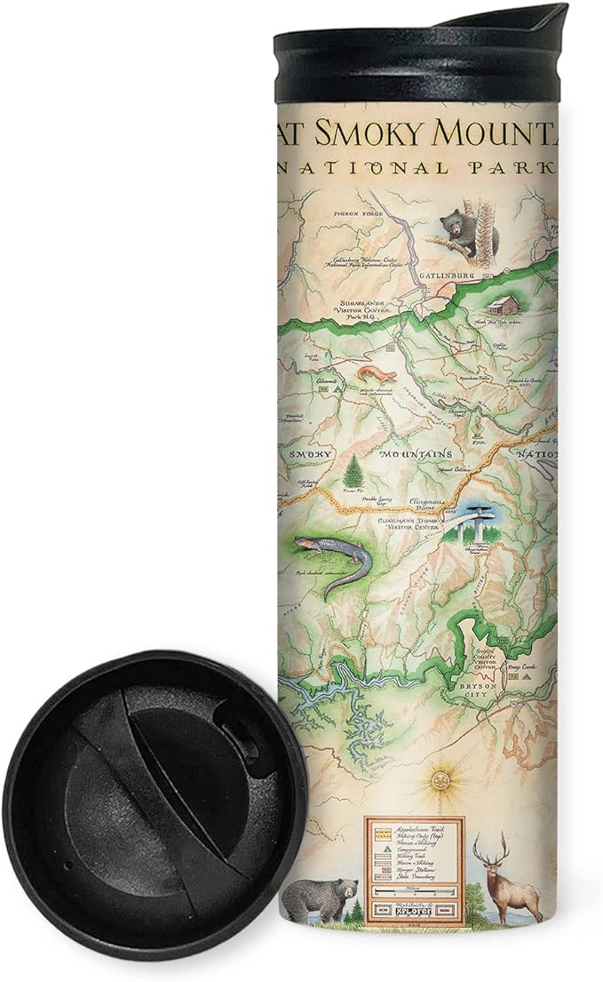 Great Smoky Mountains National Park Map 16 Oz Travel Drinkware with Spill-Resistant Lid - Stainless Steel Vacuum Insulated Coffee Tumbler
