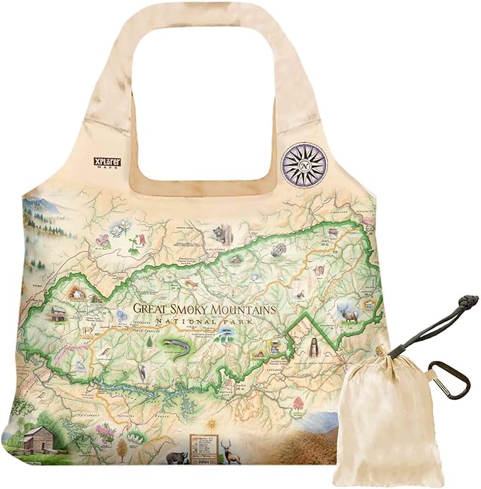 Great Smoky National Park Map Nylon Pouch Tote Bag with Handles - Reusable, Eco-friendly Shopping Bag, Washable, 18" wide by 25" tall